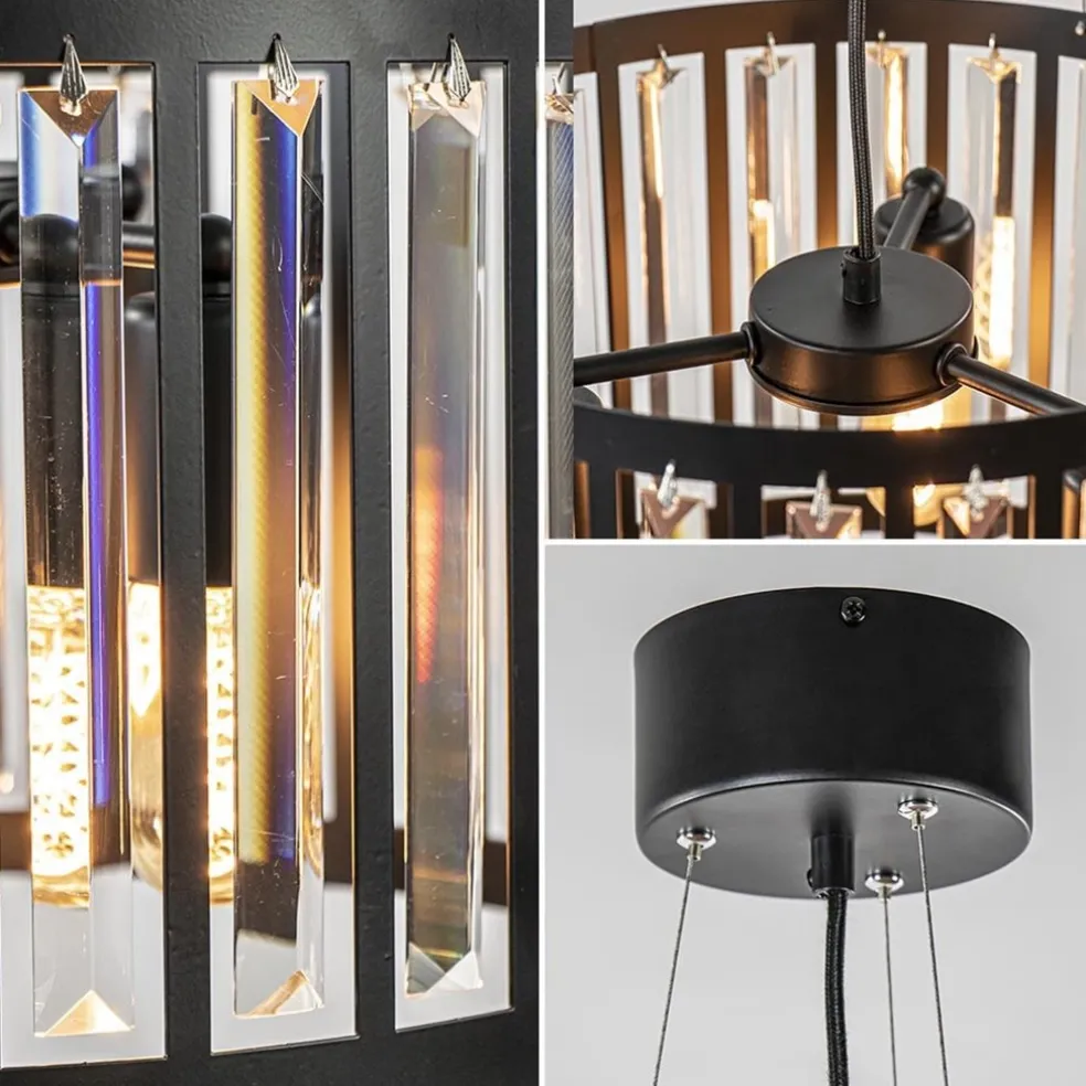 Ronde hanglamp mat zwart met kristalglas