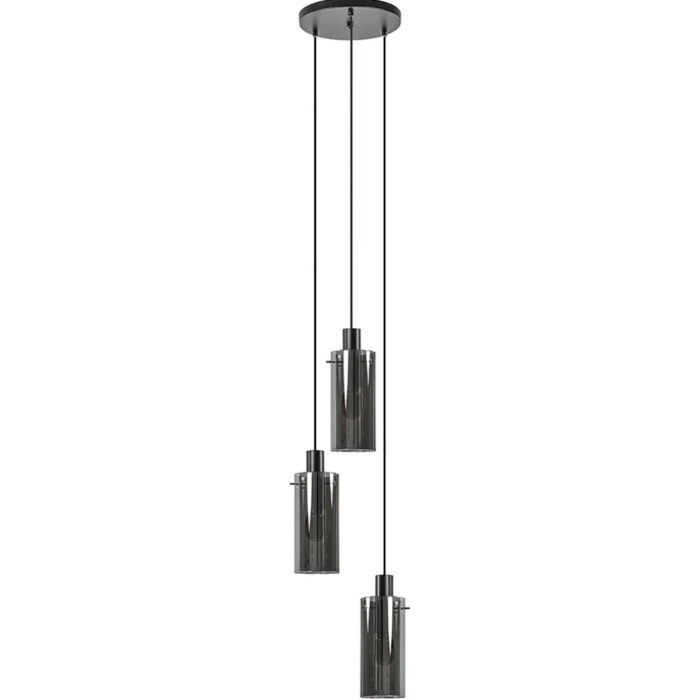 Ronde 3-lichts hanglamp met cilinder smoke glas