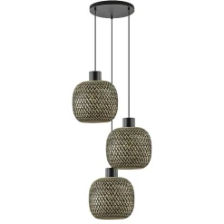 Ronde 3-lichts hanglamp zwart met bamboe kappen