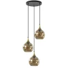 Ronde 3-lichts hanglamp zwart met goud en amber glas