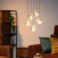 Ronde 5-lichts LED hanglamp goud met helder glas