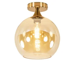 Ronde plafondlamp goud met amber glas