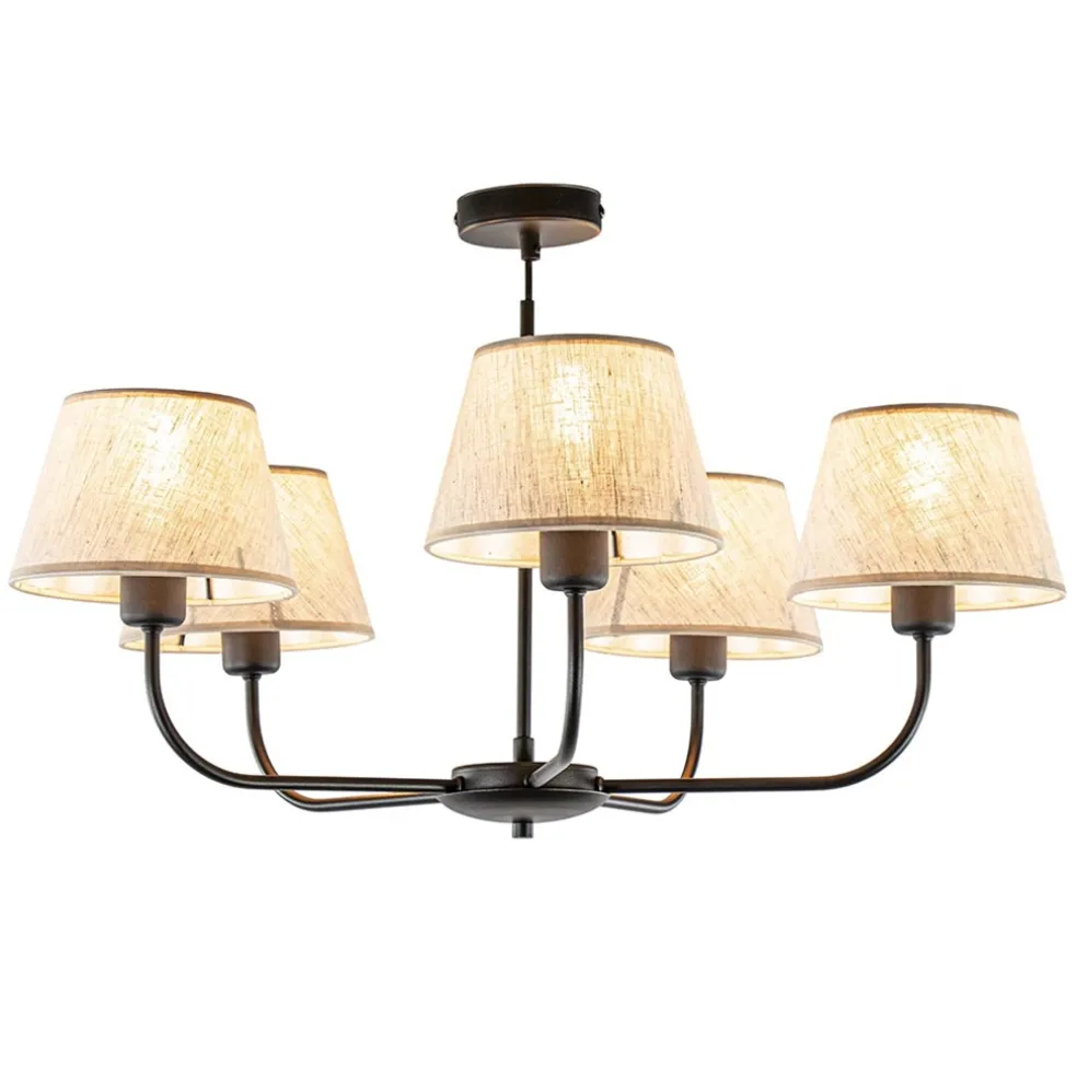 Ronde plafondlamp 5-lichts zwart met taupe kapjes