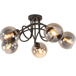 Sierlijke plafondlamp zwart met smoke glazen bollen