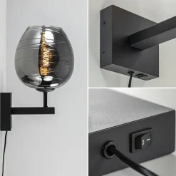 Smoke glazen wandlamp met zwart inclusief snoer