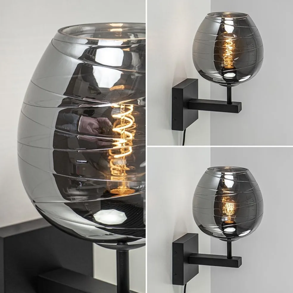 Smoke glazen wandlamp met zwart inclusief snoer