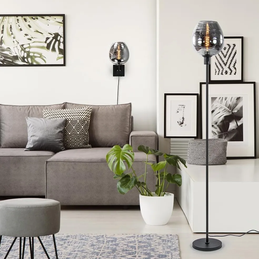 Smoke glazen wandlamp met zwart inclusief snoer