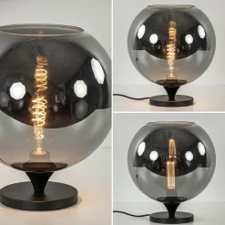 Stijlvolle tafellamp zwart met smoke/titanium glazen bol