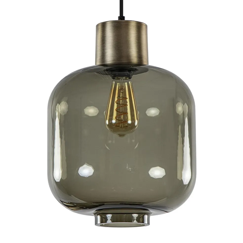 Stijvolle hanglamp smoke glas met bronzen fitting