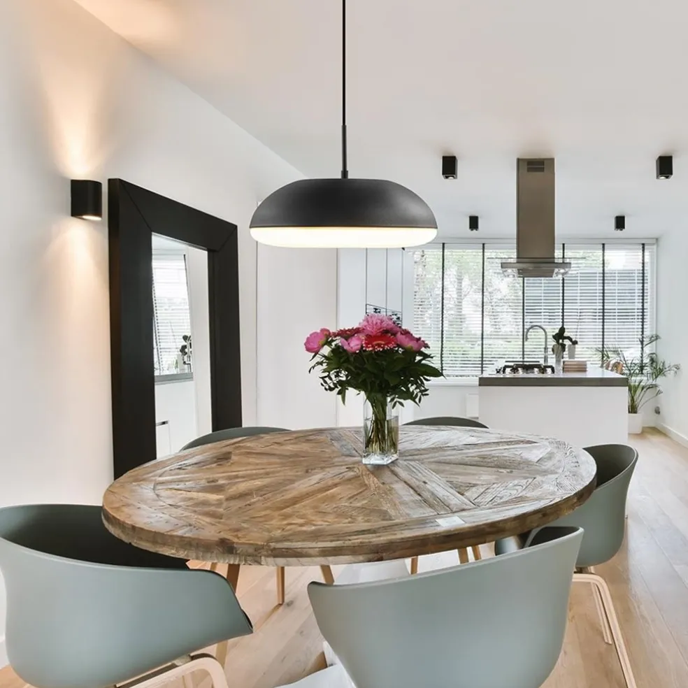 Strakke ronde hanglamp koepel mat zwart 38 cm