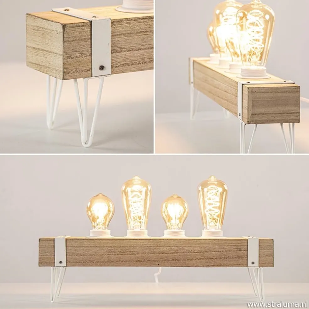 Tafellamp houten balk met witte pootjes 4-lichts exclusief lichtbron