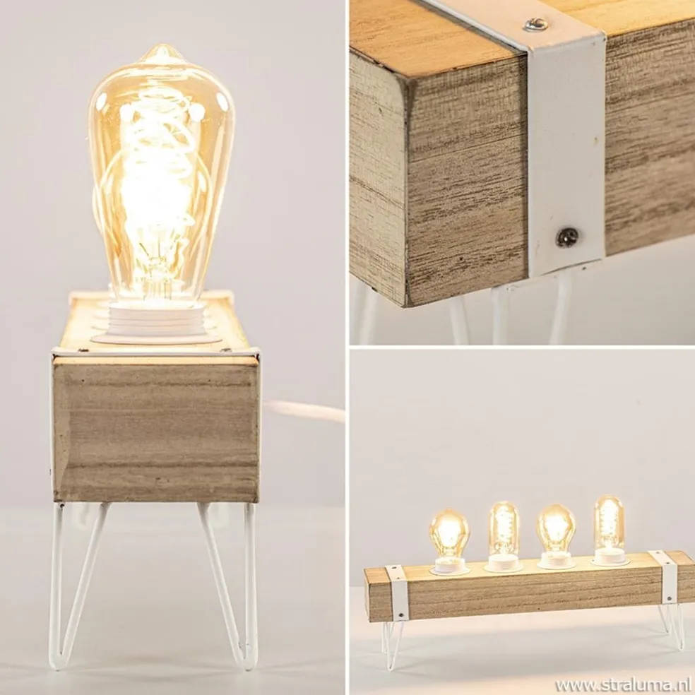 Tafellamp houten balk met witte pootjes 4-lichts exclusief lichtbron