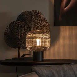 Tafellamp zwart met ronde smoke glazen kap