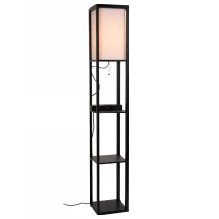 Vierkante vloerlamp zwart met beige kap en oplaadplatform