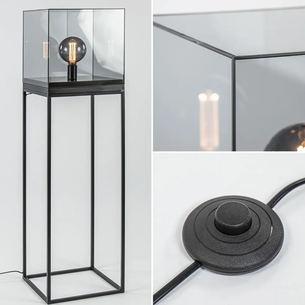 Vloerlamp Askjer kubus zwart/smoke glas
