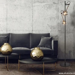 Vloerlamp Globe 2-L zwart/goud smokeglas