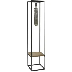 Vloerlamp zwart frame met houten plank