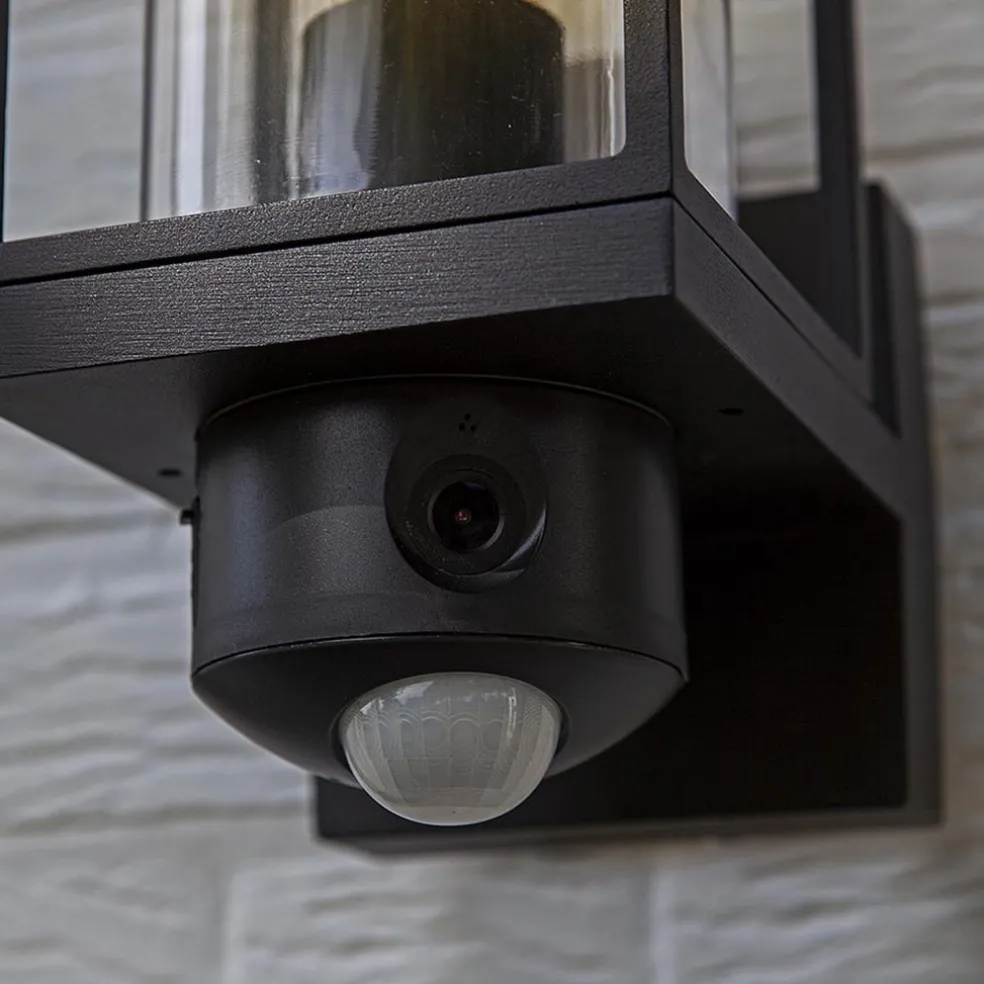 Zwarte buitenlamp rechthoek met glas en camera