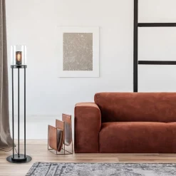 Zwarte vloerlamp met cilinder kap helder glas