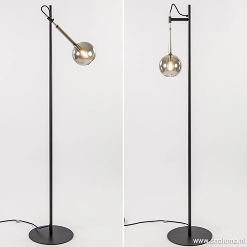 Zwart/messing vloerlamp met smoke glas